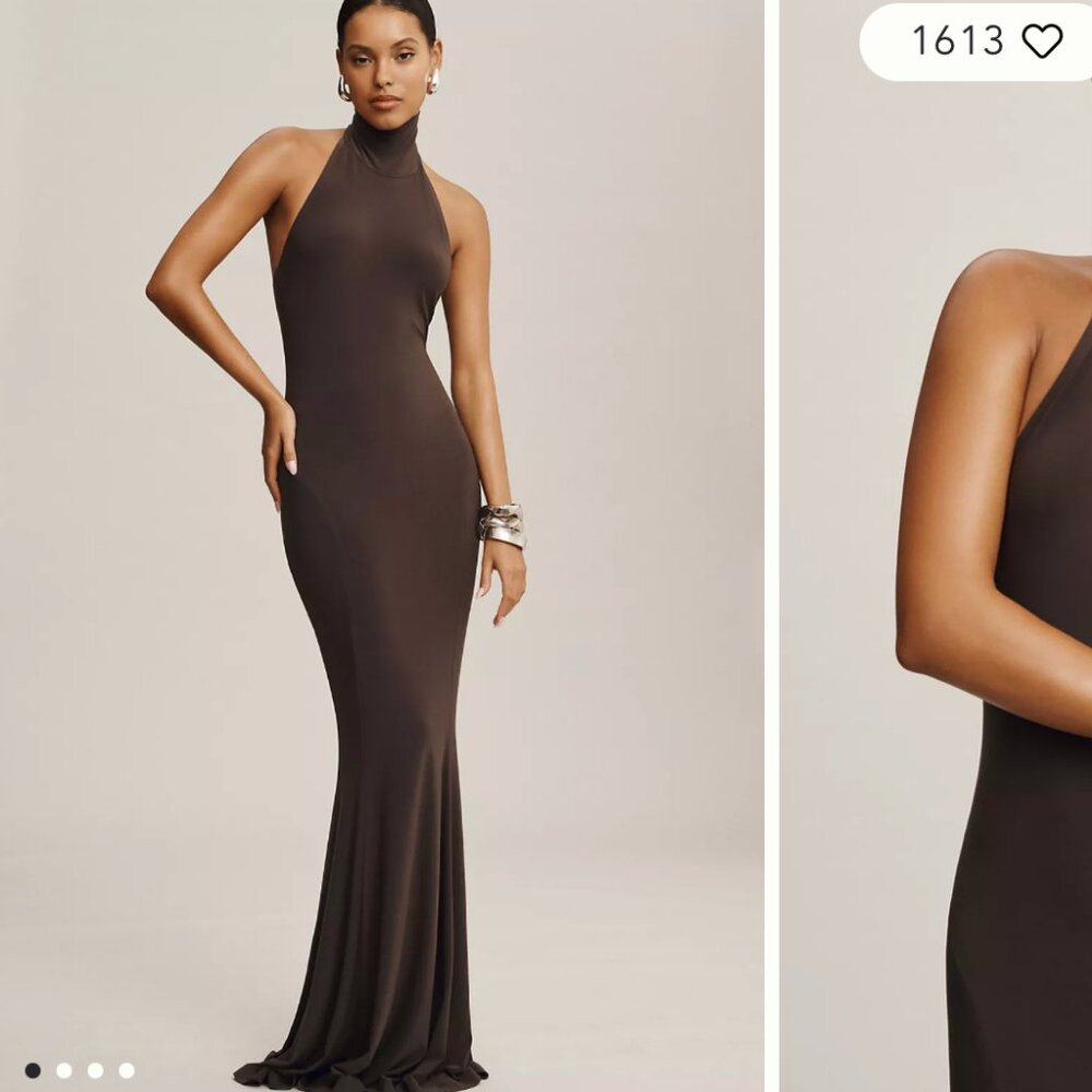 Norma Kamali Halter Turtle Fishtail Gown NWT